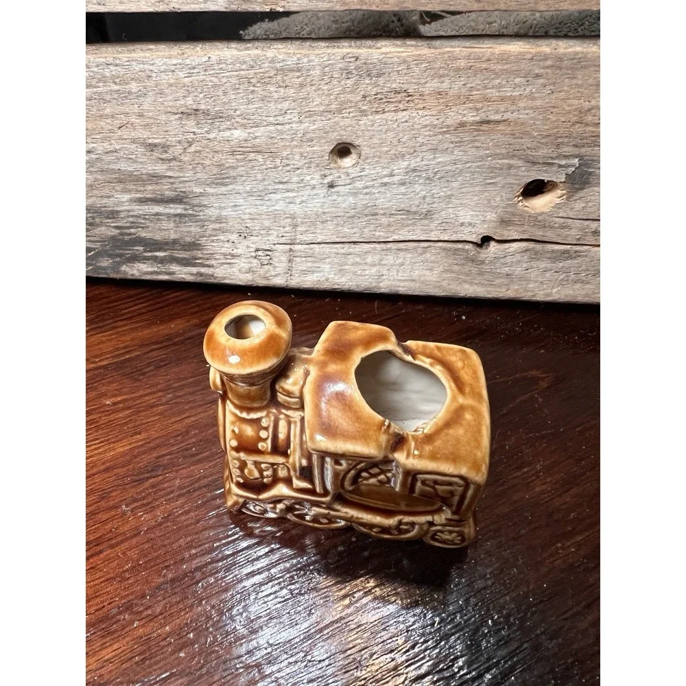 Vintage Train Toothpick Holder Ceramic Japan Collectible Brown Glazed Drip